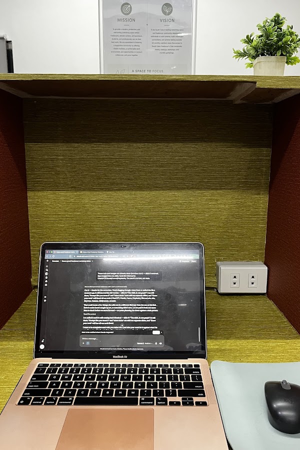 FocusLab coworking space private work pod, photo from a Google review by Sheila G.
